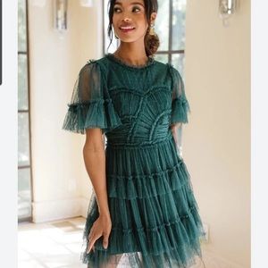 Ivy City Co short whimsical dress in emerald green. Worn once to TS